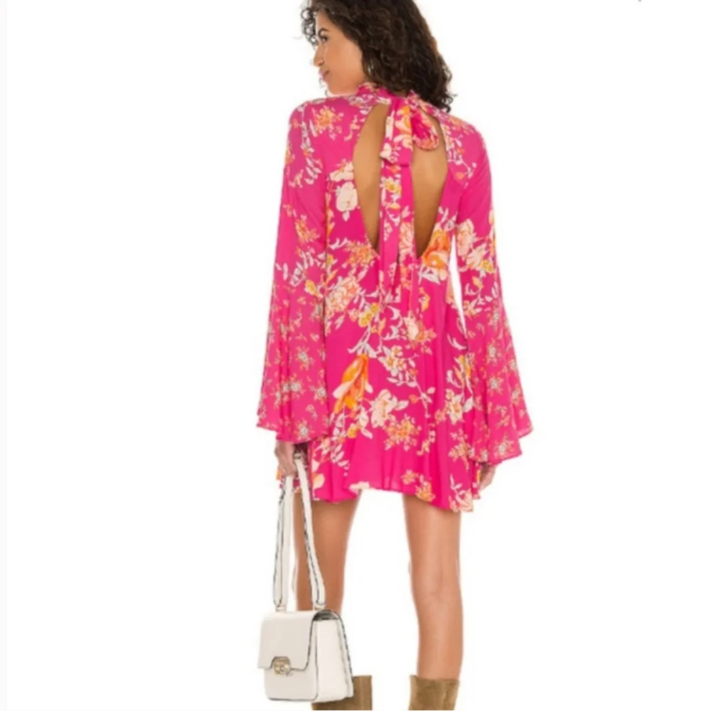 Free People Tate Bell Sleeve Floral Tunic Dress In Lollipop Combo